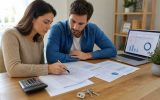 Pareja revisando cifras y condiciones de una propuesta hipotecaria junto a las llaves de una vivienda