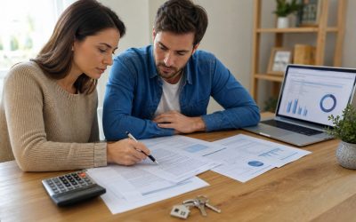 Pareja revisando cifras y condiciones de una propuesta hipotecaria junto a las llaves de una vivienda