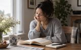 Una mujer lee un libro en una estancia luminosa.