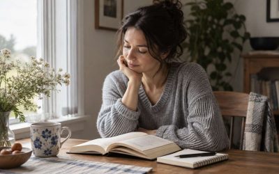 Una mujer lee un libro en una estancia luminosa.