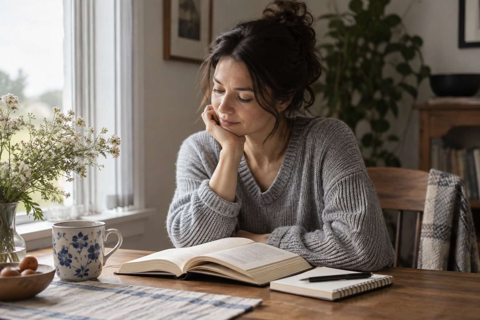 Una mujer lee un libro en una estancia luminosa.