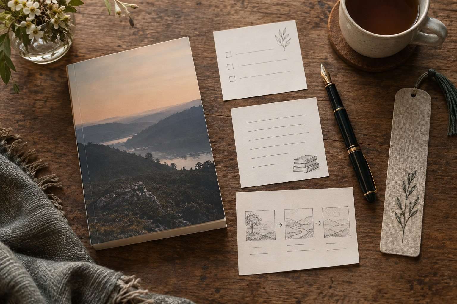 Libro y cuaderno de notas preparados para una sesión de lectura.